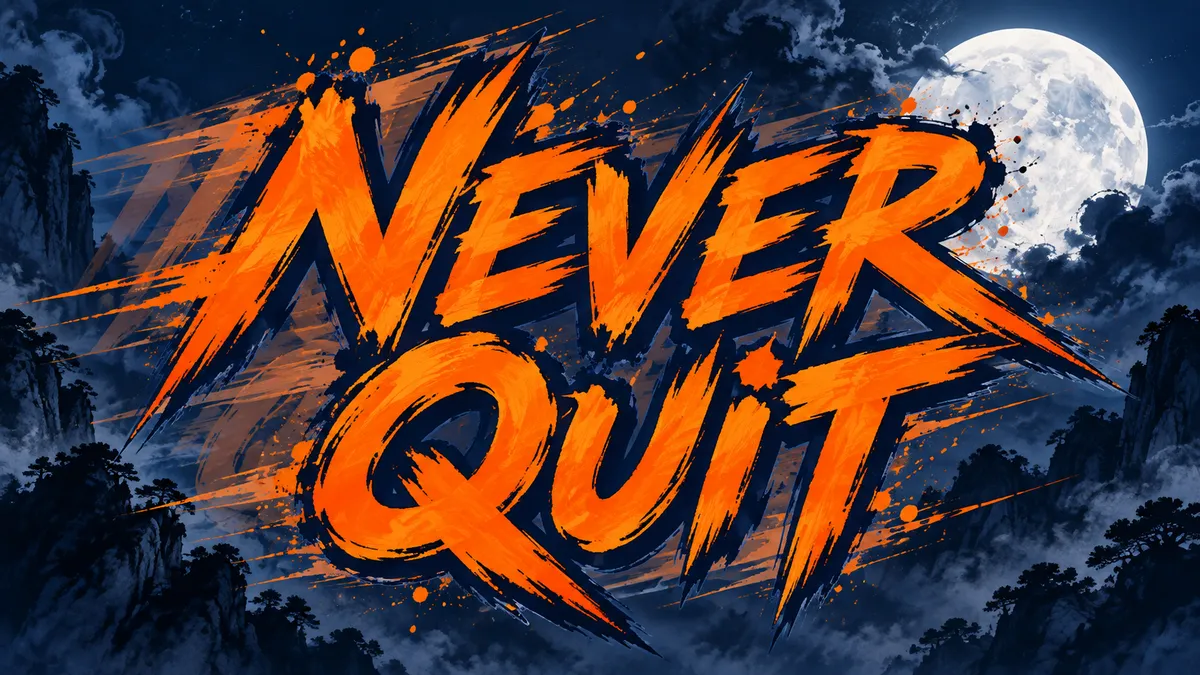 "Never Quit" rendered with the Naruto Font